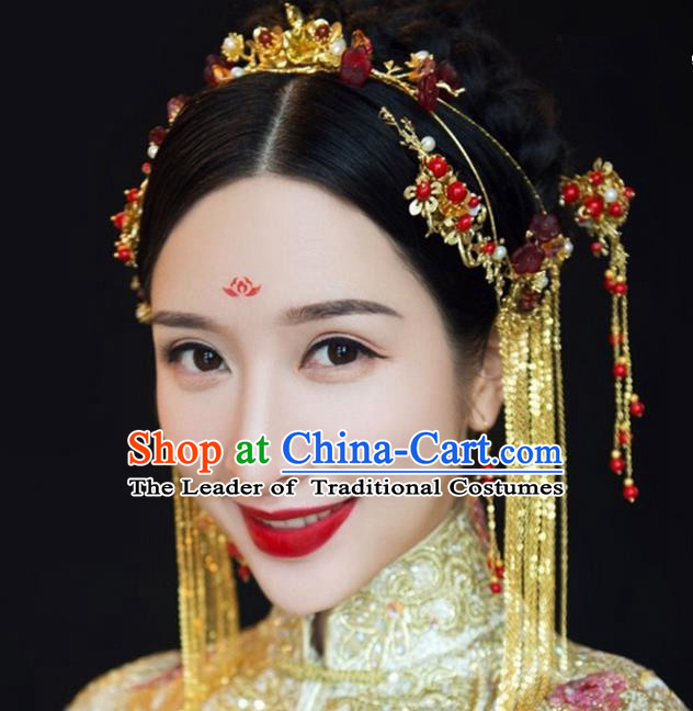 Top Grade Chinese Handmade Wedding Red Coloured Glaze Hair Accessories Complete Set Step Shake, Traditional China Xiuhe Suit Phoenix Crown Bride Tassel Hairpins Headdress for Women