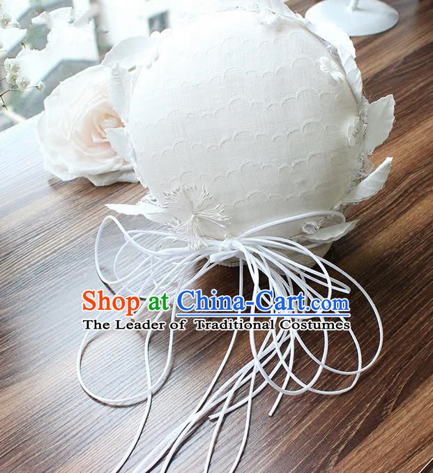 Top Grade Handmade Wedding Bride Hair Accessories White Top Hat, Traditional Princess Baroque Hat Headpiece for Women