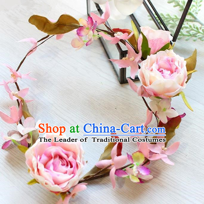 Top Grade Handmade Wedding Bride Hair Accessories Pink Flowers Headband Garland, Traditional Princess Baroque Hair Clasp Headpiece for Women