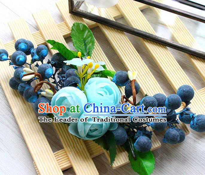 Top Grade Handmade Wedding Bride Hair Accessories Blue Flowers Headband Hair Claw, Traditional Princess Baroque Hair Stick Headpiece for Women