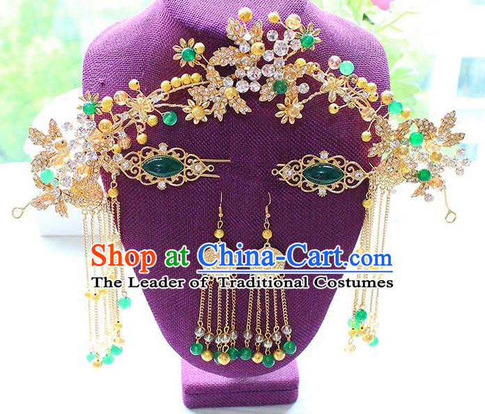 Top Grade Chinese Handmade Wedding Green Jade Hair Accessories Phoenix Coronet, Traditional China Xiuhe Suit Step Shake Bride Crystal Tassel Hairpins Headdress Complete Set for Women