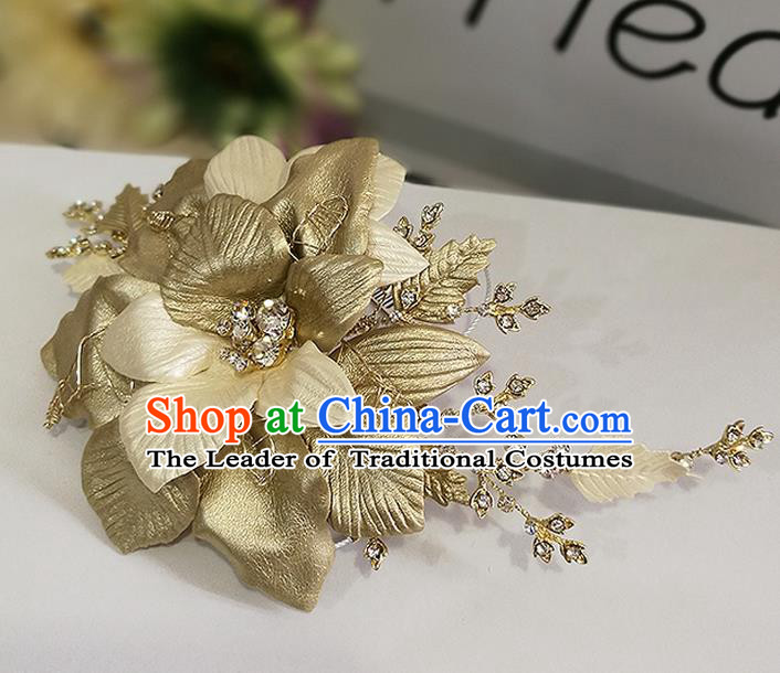 Top Grade Handmade Wedding Bride Hair Accessories Golden Flower Hair Claw, Traditional Princess Baroque Hair Stick Headpiece for Women