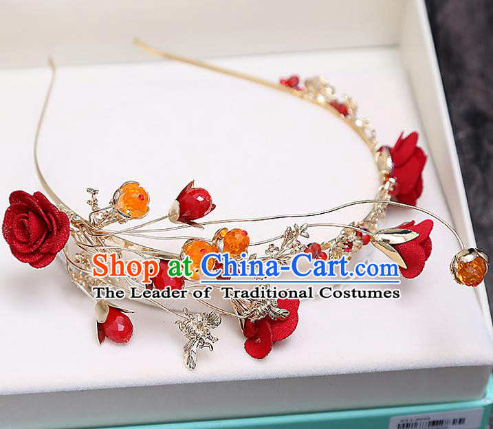 Top Grade Handmade Wedding Bride Hair Accessories Red Flowers Hair Claw Hairpins, Traditional Baroque Princess Hair Stick Headpiece for Women