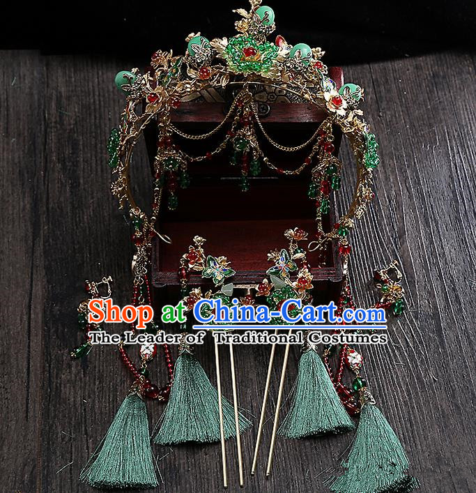 Top Grade Chinese Handmade Wedding Hair Accessories Hair Comb Complete Set, Traditional China Xiuhe Suit Bride Step Shake Phoenix Coronet Tassel Hairpins Headdress for Women