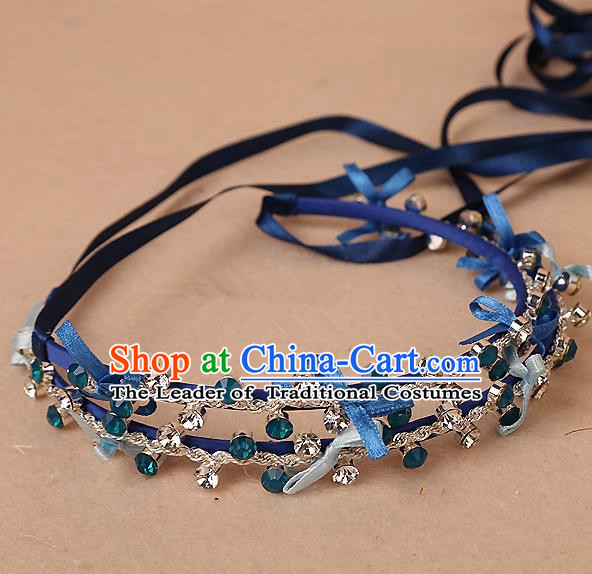 Top Grade Handmade Wedding Bride Hair Accessories Blue Hair Clasp, Traditional Baroque Princess Hair Clip Headband Headpiece for Women