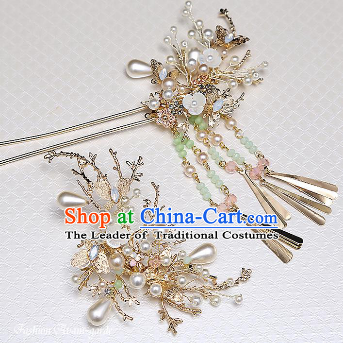 Top Grade Chinese Handmade Wedding Pink Flower Hair Accessories Hair Comb Copmlete Set, Traditional China Xiuhe Suit Step Shake Bride Hanfu Tassel Hairpins Headdress for Women