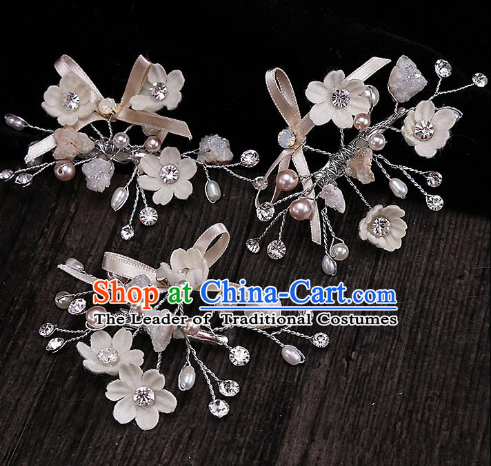 Top Grade Handmade Wedding Bride Hair Accessories Blue Headband Hair Claw, Traditional Baroque Princess Pearl Hair Stick Headpiece for Women