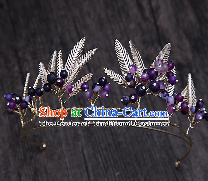 Top Grade Handmade Wedding Hair Accessories Bride Purple Beads Crown, Traditional Baroque Queen Retro Royal Crown Wedding Headwear for Women