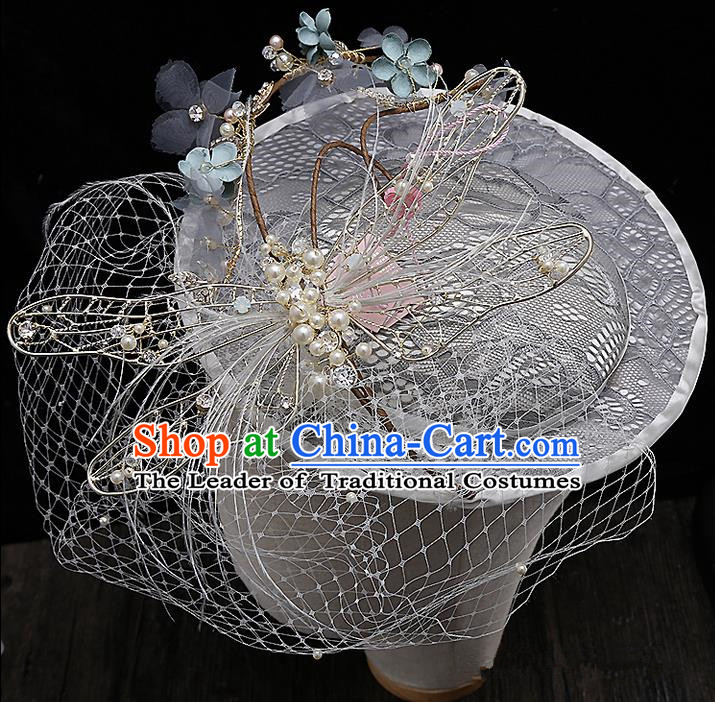 Top Grade Handmade Wedding Hair Accessories Bride Flower Veil Hat, Traditional Baroque Princess Top Hat Headpiece for Women