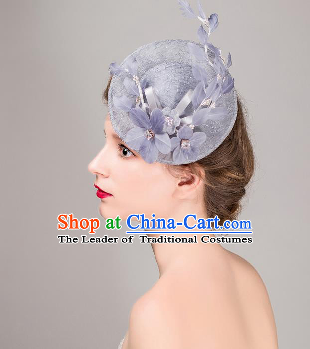 Top Grade Handmade Wedding Bride Hair Accessories Grey Top Hat, Traditional Princess Baroque Flowers Hat Headpiece for Women