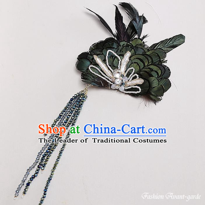 Top Grade Handmade Wedding Bride Hair Accessories Green Feather Hairpin, Traditional Princess Baroque Hair Stick Headpiece for Women