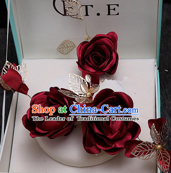 Top Grade Handmade Wedding Bride Hair Accessories Red Rose Flowers Hair Claw, Traditional Baroque Princess Headband Hair Stick Headpiece for Women