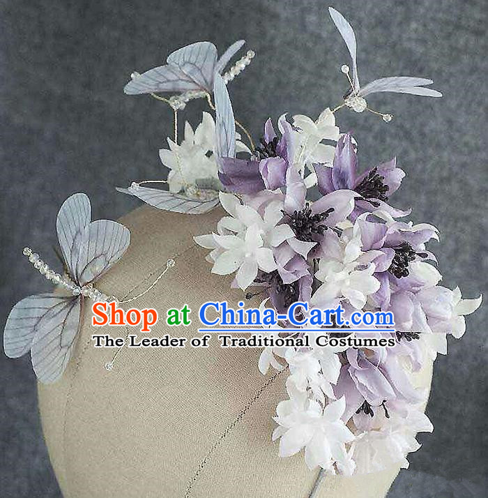 Top Grade Handmade Wedding Dragonfly Hair Accessories Bride Flowers Hair Claw, Traditional Baroque Princess Pearl Headband Hair Clip Headpiece for Women