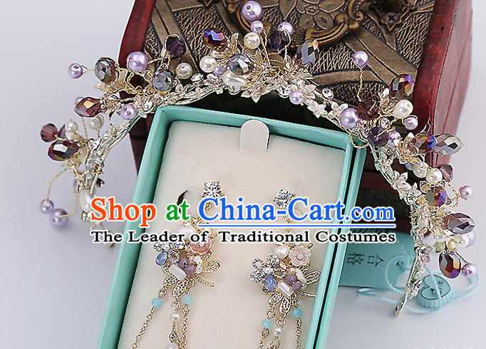 Top Grade Handmade Wedding Dragonfly Hair Accessories Bride Purple Hair Claw and Tassel Earrings, Traditional Baroque Princess Hair Stick Headband Headdress for Women