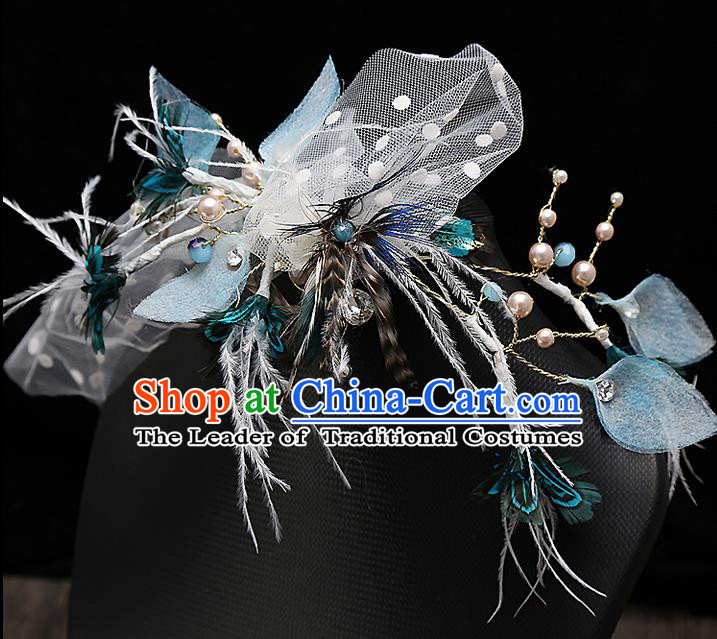 Top Grade Handmade Wedding Dragonfly Hair Accessories Bride Blue Hair Claw, Traditional Baroque Princess Hair Stick Headband Headdress for Women