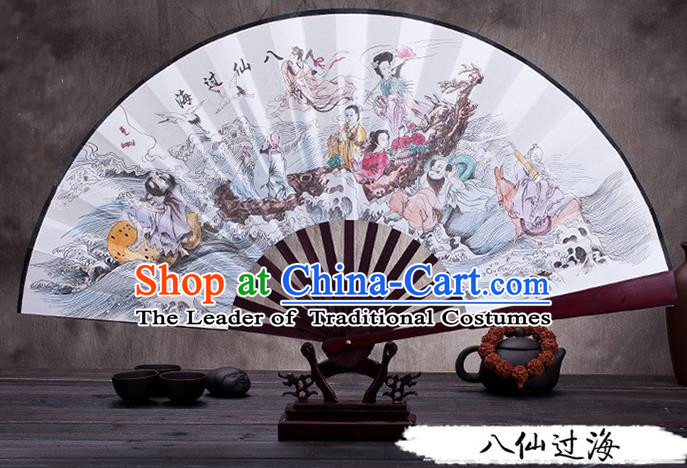 Traditional Chinese Ancient Peking Opera Accessories Scholar Ink Painting Eight Immortals Crossing the Sea Fan, Traditional Chinese Beijing Opera Young Men Props Folding Fans