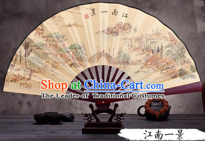 Traditional Chinese Ancient Peking Opera Accessories Scholar Ink Painting Jiangnan Scenery Fan, Traditional Chinese Beijing Opera Young Men Props Folding Fans