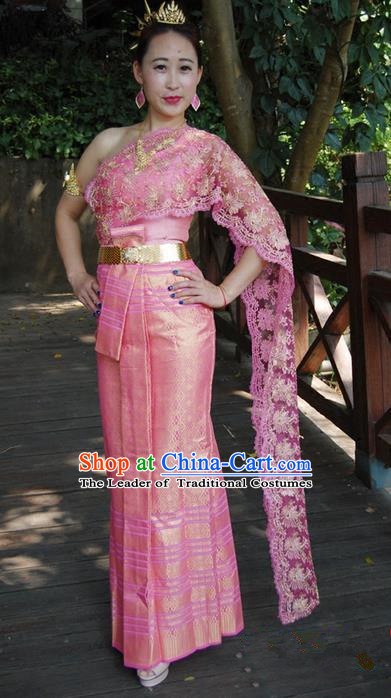 Traditional Traditional Thailand Female Bride Clothing, Southeast Asia Thai Ancient Costumes Dai Nationality Wedding Pink Sari Dress for Women