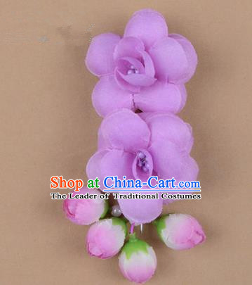 Chinese Ancient Peking Opera Hair Accessories Diva Temple Purple Flowers Hairpins, Traditional Chinese Beijing Opera Princess Hua Tan Hair Clasp Head-ornaments