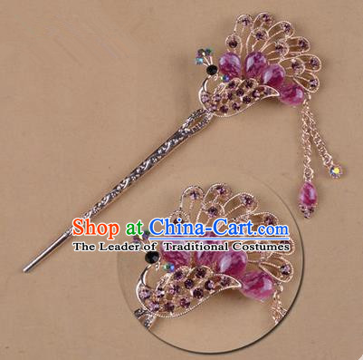 Top Grade Chinese Ancient Peking Opera Hair Accessories Diva Purple Crystal Peacock Hairpins Step Shake, Traditional Chinese Beijing Opera Hua Tan Hair Clasp Head-ornaments