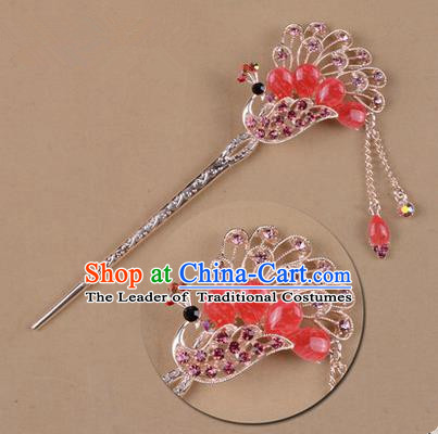 Top Grade Chinese Ancient Peking Opera Hair Accessories Diva Pink Crystal Peacock Hairpins Step Shake, Traditional Chinese Beijing Opera Hua Tan Hair Clasp Head-ornaments