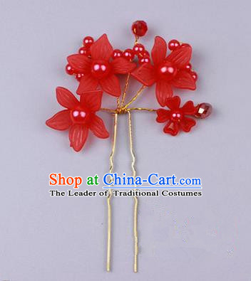 Top Grade Chinese Ancient Peking Opera Hair Accessories Diva Red Flowers Hairpins Step Shake, Traditional Chinese Beijing Opera Hua Tan Hair Clasp Head-ornaments