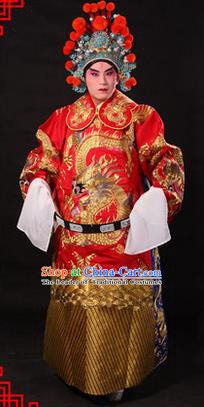 Traditional Chinese Beijing Opera Emperor Clothing and Headwear Complete Set, China Peking Opera His Royal Highness Embroidered Dragon Robe Red Opera Costumes