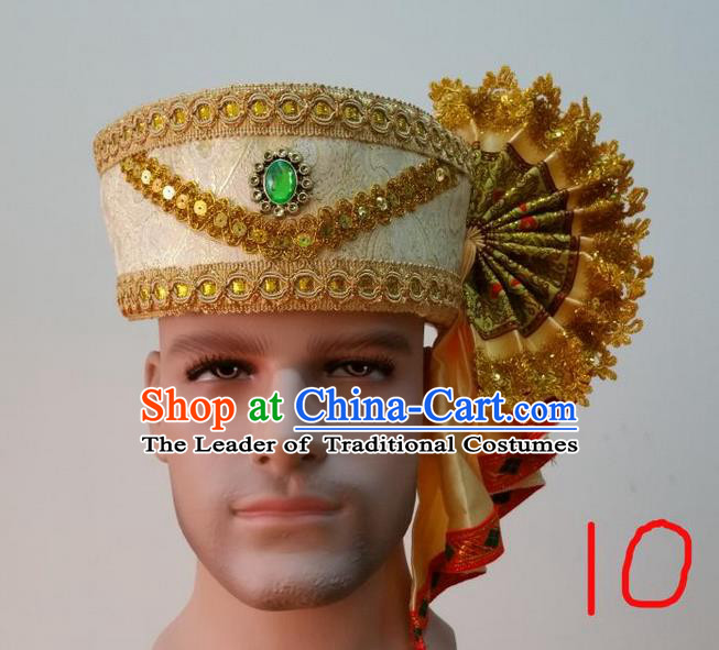 Traditional Traditional Thailand Accessories Green Crystal Hat, Southeast Asia Thai Dai Nationality Headwear for Men