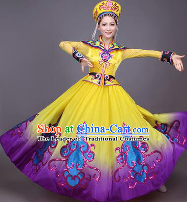 Traditional Chinese Mongol Nationality Dance Costume, Mongols Female Folk Dance Ethnic Pleated Skirt, Chinese Mongolian Minority Nationality Embroidery Dress for Women