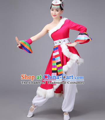 Traditional Chinese Zang Nationality Dance Costume, Folk Dance Ethnic Clothing Suit, Chinese Tibetan Minority Nationality Rosy Dress for Women