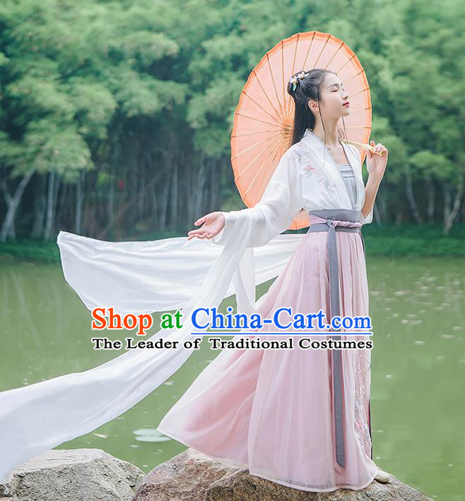 Traditional Chinese Song Dynasty Palace Lady Costume Complete Set, Elegant Hanfu Clothing Embroidered Cardigan Suspenders and Dress, Chinese Ancient Princess Clothing for Women