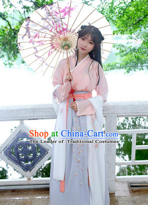 Traditional Chinese Tang Dynasty Palace Princess Embroidered Flowers Hanfu White Wide Wearing Silks for Women