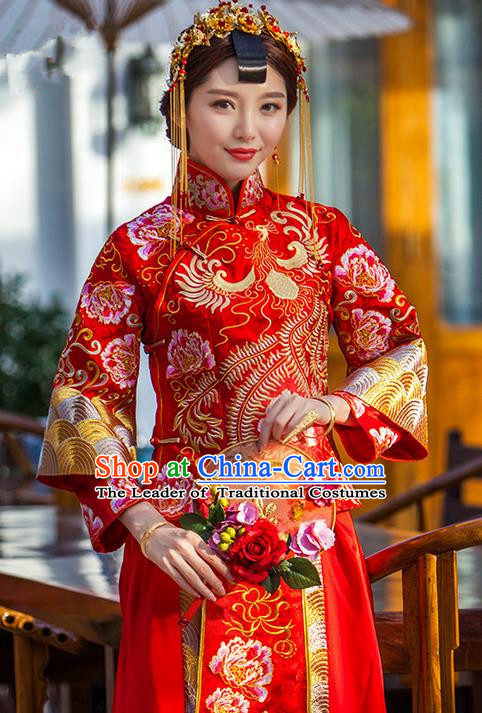 Traditional Chinese Wedding Costume Xiuhe Suits Wedding Red Suit, Ancient Chinese Bride Toast Dress Hand Embroidered Clothing Longfeng Flown for Women