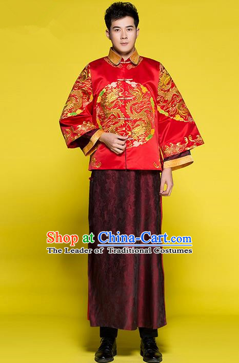 Traditional Chinese Wedding Costume Tang Suits Wedding Red Clothing, Ancient Chinese Bridegroom Toast Long Flown for Men