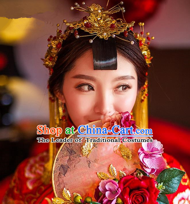 Traditional Chinese Wedding Xiuhe Suit Hair Accessories, Cnina Style Hanfu Phoenix Crown Tassel Step Shake, Ancient Chinese Bride Hairpins Headwear for Women