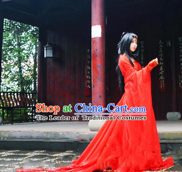 Traditional Chinese Tang Dynasty Peri Costume, Chinese Ancient Hanfu Imperial Princess Red Dress Clothing for Women