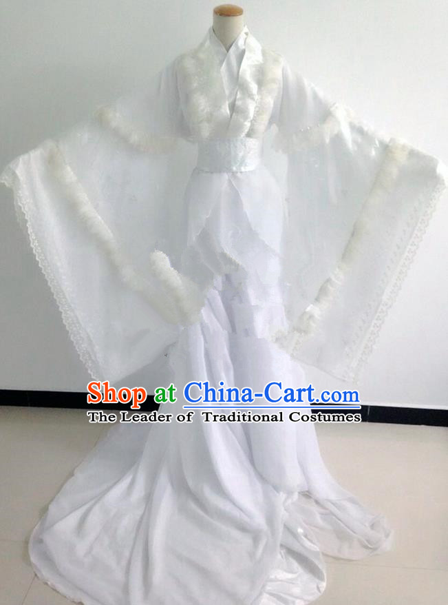 Traditional Chinese Cosplay Young Lady Costume, Chinese Ancient Hanfu Han Dynasty Princess White Dress Clothing for Women