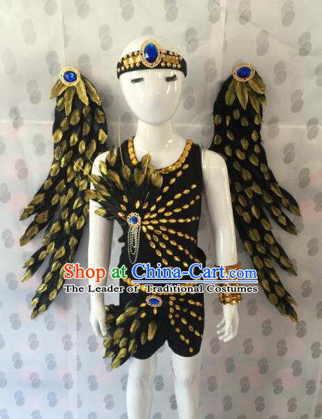 Top Grade Compere Professional Performance Catwalks Costumes, Traditional Brazilian Rio Carnival Dance Feather Fancywork Swimsuit Clothing for Kids