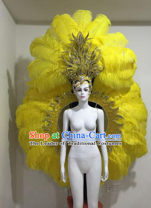 Top Grade Compere Professional Performance Catwalks Yellow Feather Wings and Headpiece Hair Accessories Decorations, Traditional Brazilian Rio Carnival Samba Opening Dance Suits Modern Fancywork Clothing for Women