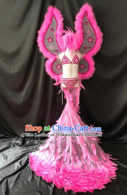 Top Grade Professional Stage Show Catwalks Halloween Dance Pink Feather Bikini Costumes and Headpiece, Brazilian Rio Carnival Samba Opening Dance Modern Fancywork Long Trailing Dress Clothing for Kids