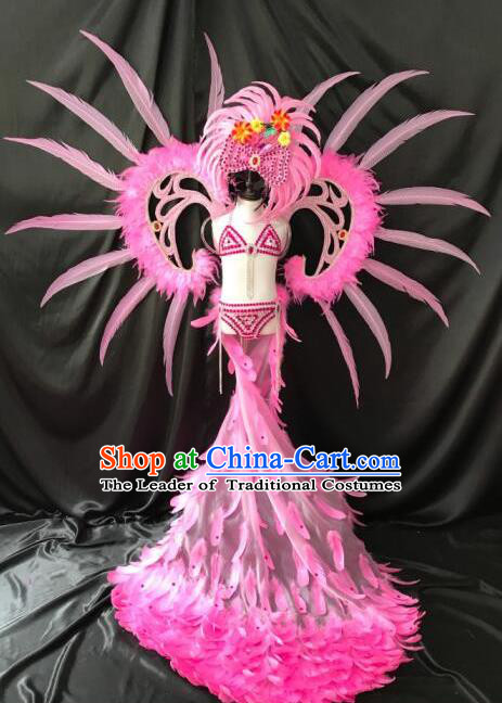 Top Grade Professional Stage Show Catwalks Halloween Wings Pink Long Feather Bikini Costumes and Headpiece, Brazilian Rio Carnival Samba Opening Dance Modern Fancywork Long Trailing Dress Clothing for Kids