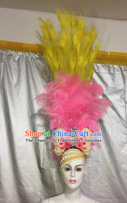 Top Grade Professional Stage Show Catwalks Brazil Halloween Pink Feather Deluxe Headpiece, Brazilian Rio Carnival Samba Opening Dance Modern Fancywork Big Hair Accessories for Women