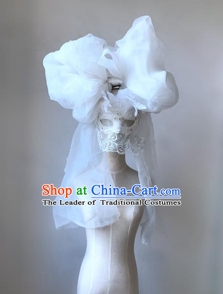 Top Grade Chinese Theatrical Luxury Headdress Ornamental White Lace Headwear and Mask, Halloween Fancy Ball Ceremonial Occasions Handmade Veil Headpiece for Women