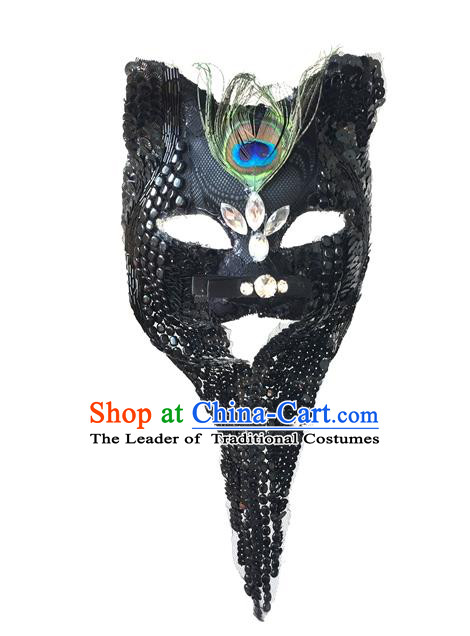 Top Grade Chinese Theatrical Luxury Headdress Ornamental Black Tassel Cat Mask, Halloween Fancy Ball Ceremonial Occasions Handmade Face Mask for Men