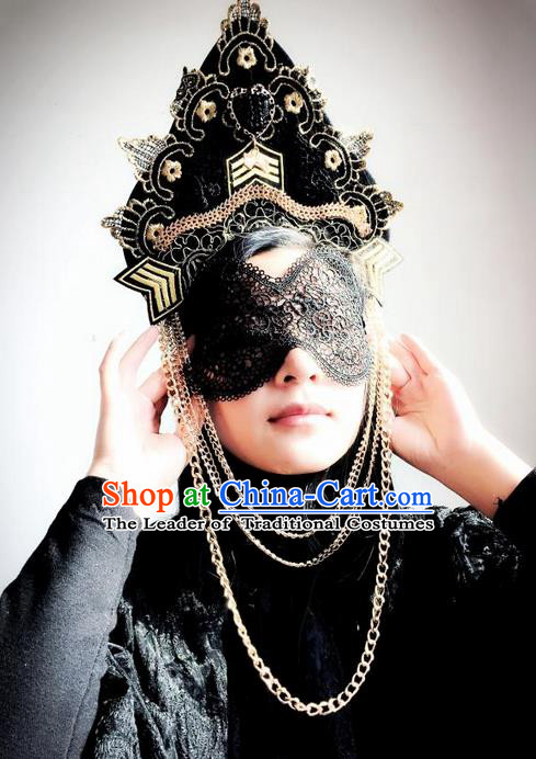 Top Grade Chinese Theatrical Luxury Headdress Ornamental Black Lace Mask and Headwear, Halloween Fancy Ball Ceremonial Occasions Handmade Mask Hair Accessories for Women