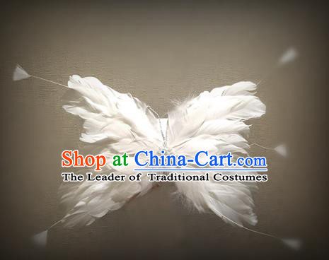 Top Grade Chinese Theatrical Luxury Headdress Ornamental White Butterfly Hair Clasp, Halloween Fancy Ball Ceremonial Occasions Handmade Feather Hair Accessories for Women