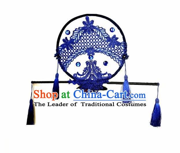 Top Grade Chinese Theatrical Headdress Ornamental Asian Headpiece Blue Fanshaped Flowers Floral, Halloween Fancy Ball Ceremonial Occasions Handmade Manchu Headwear for Women