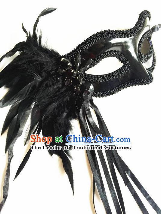 Top Grade Chinese Theatrical Headdress Ornamental Black Feather Mask, Asian Traditional Halloween Occasions Handmade Debutante Lace Mask for Women