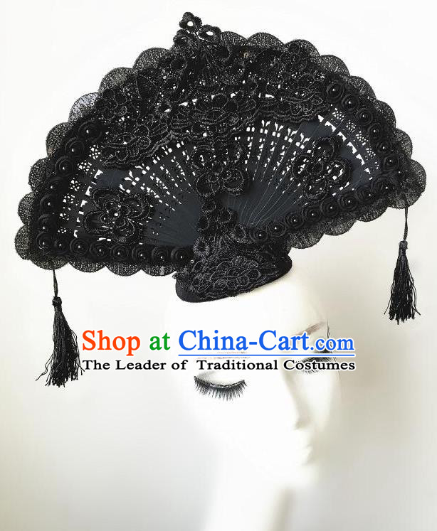 Top Grade Chinese Theatrical Headdress Ornamental Asian Headpiece Black Lace Fanshaped Floral Hair Accessories, Halloween Fancy Ball Ceremonial Occasions Handmade Headwear for Women