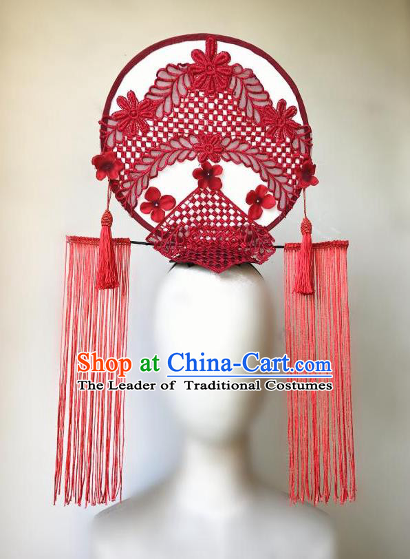 Top Grade Chinese Theatrical Headdress Ornamental Asian Red Tassel Lace Fanshaped Floral Hair Accessories, Halloween Fancy Ball Ceremonial Occasions Handmade Headwear for Women